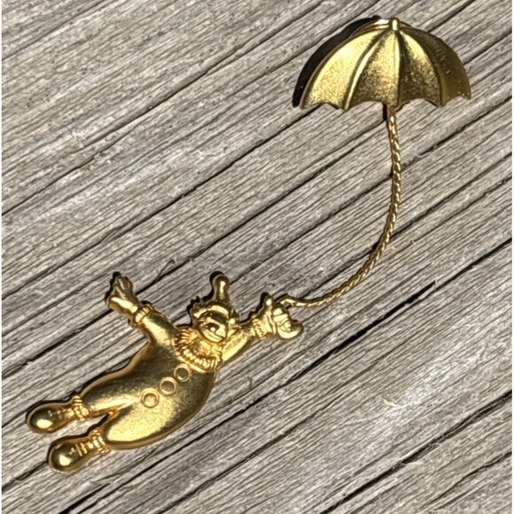 Clown Brooch Lapel Pin with Chain JJ Jonette Gold Tone Holding Umbrella Floating - Picture 8 of 8